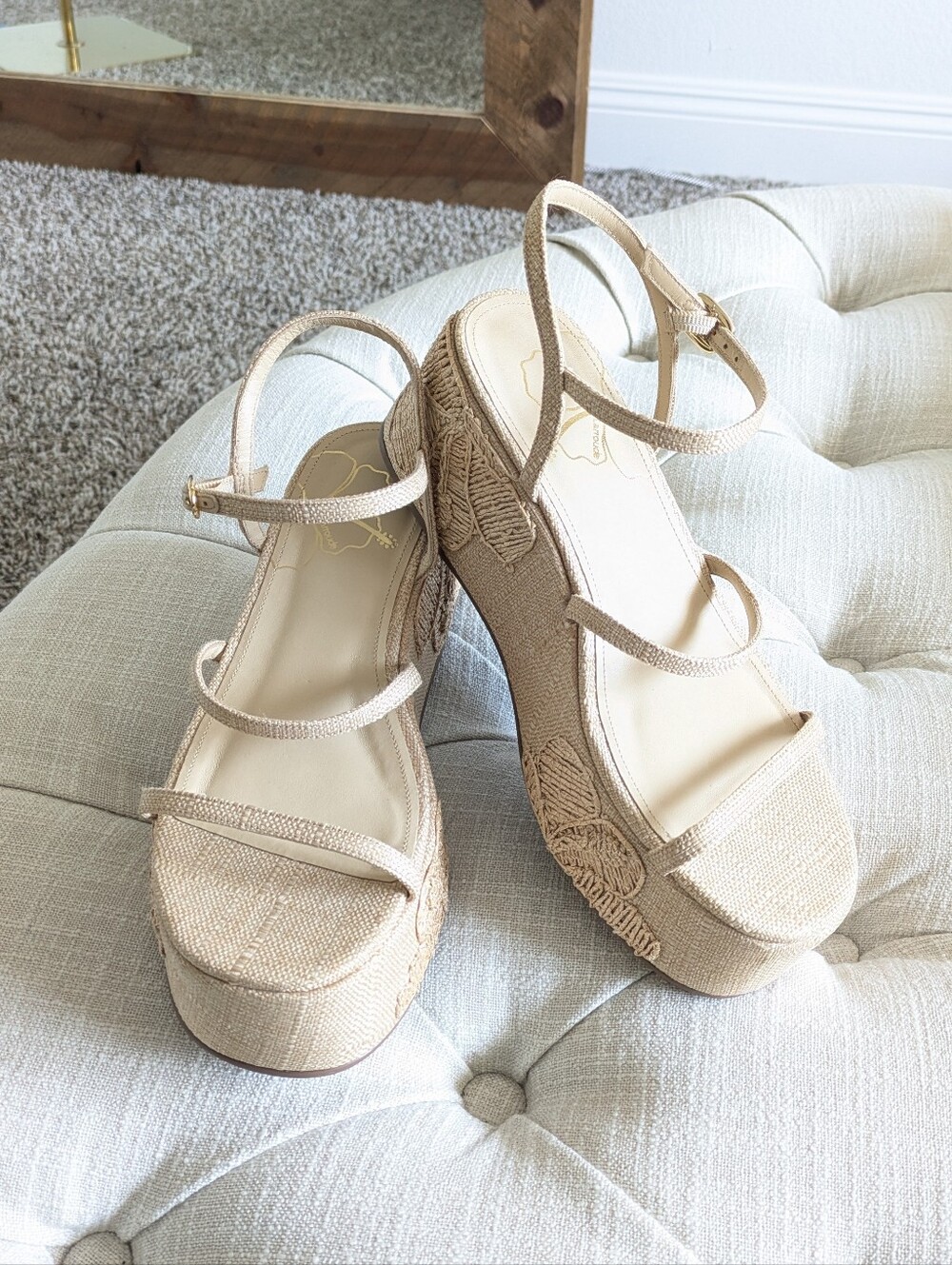 Larroude Raffia Gio Platform Sandals with Ankle Strap & Hibiscus Embroidery